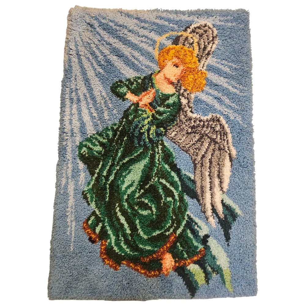 Vintage Angel Tapestry Latch Rug Wall Hanging Textile Art  Halo Wings 52x36in‎